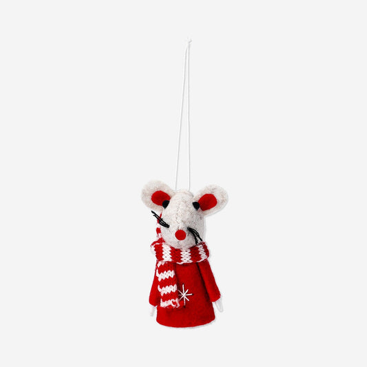 Ornement souris rouge avec écharpe - 8 cm