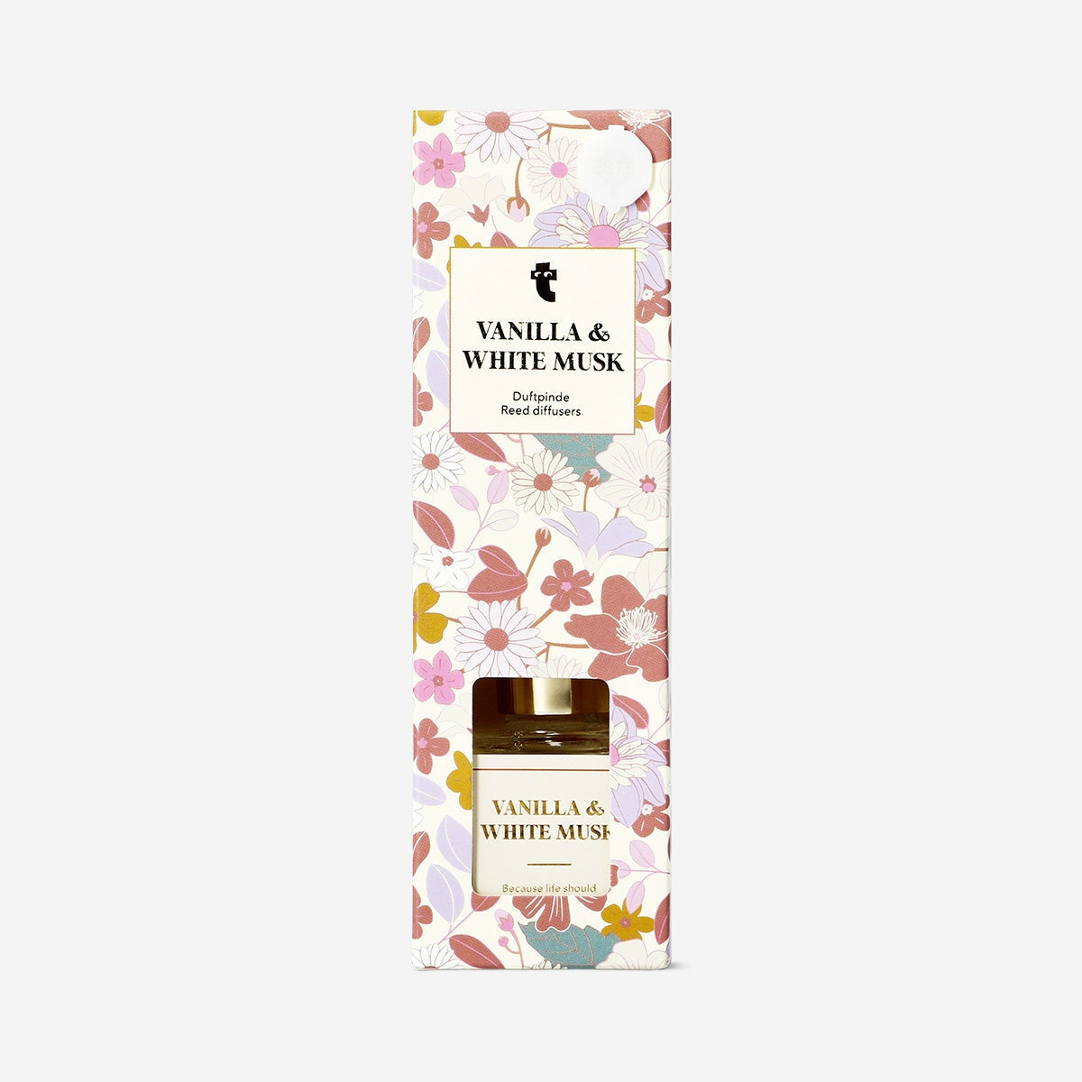 Flying Tiger Copenhagen white musk reed diffuser with 50 ml glass bottle and natural reeds for home fragrance.