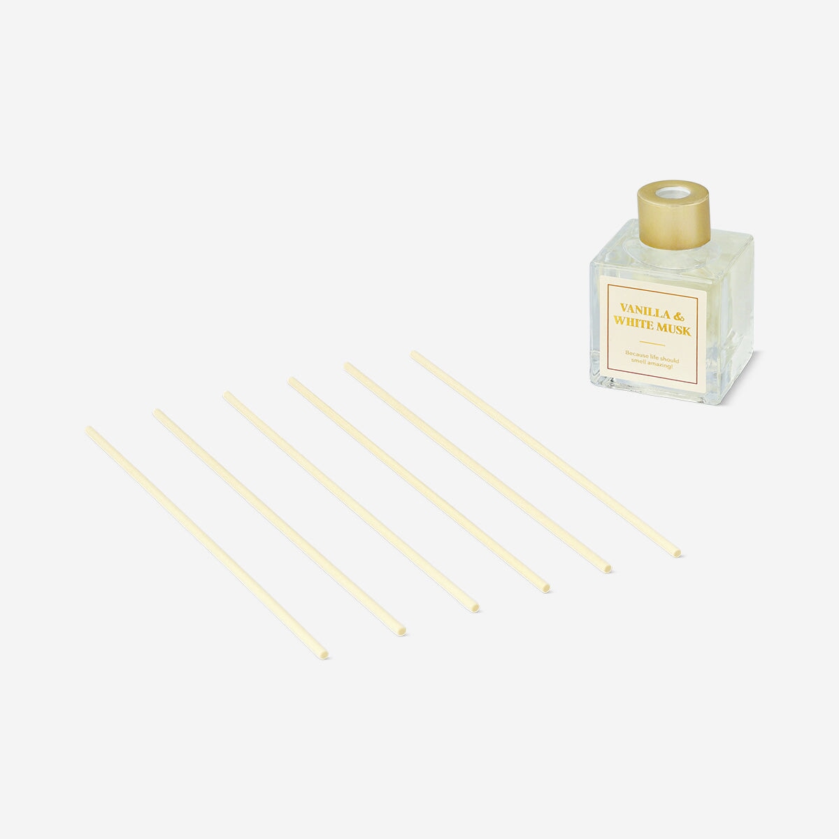 Flying Tiger Copenhagen home reed diffuser with white musk fragrance, 50 ml, decorative glass bottle with diffuser sticks.