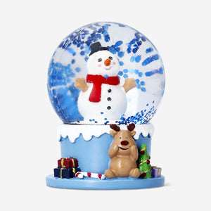 Flying Tiger Copenhagen snow globe with snowman, 6 cm tall, featuring a winter scene with a cheerful snowman inside.