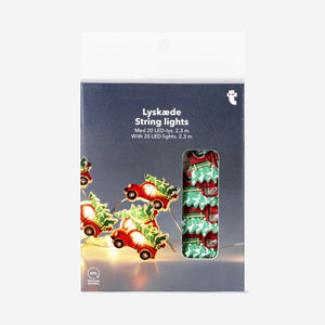Flying Tiger Copenhagen string lights featuring colorful Christmas car designs, perfect for holiday home decoration.
