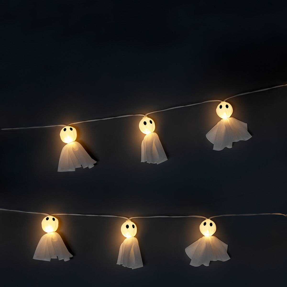 Set of 10 Flying Tiger Copenhagen string lights with tulle ghost decorations for home Halloween or spooky decor.