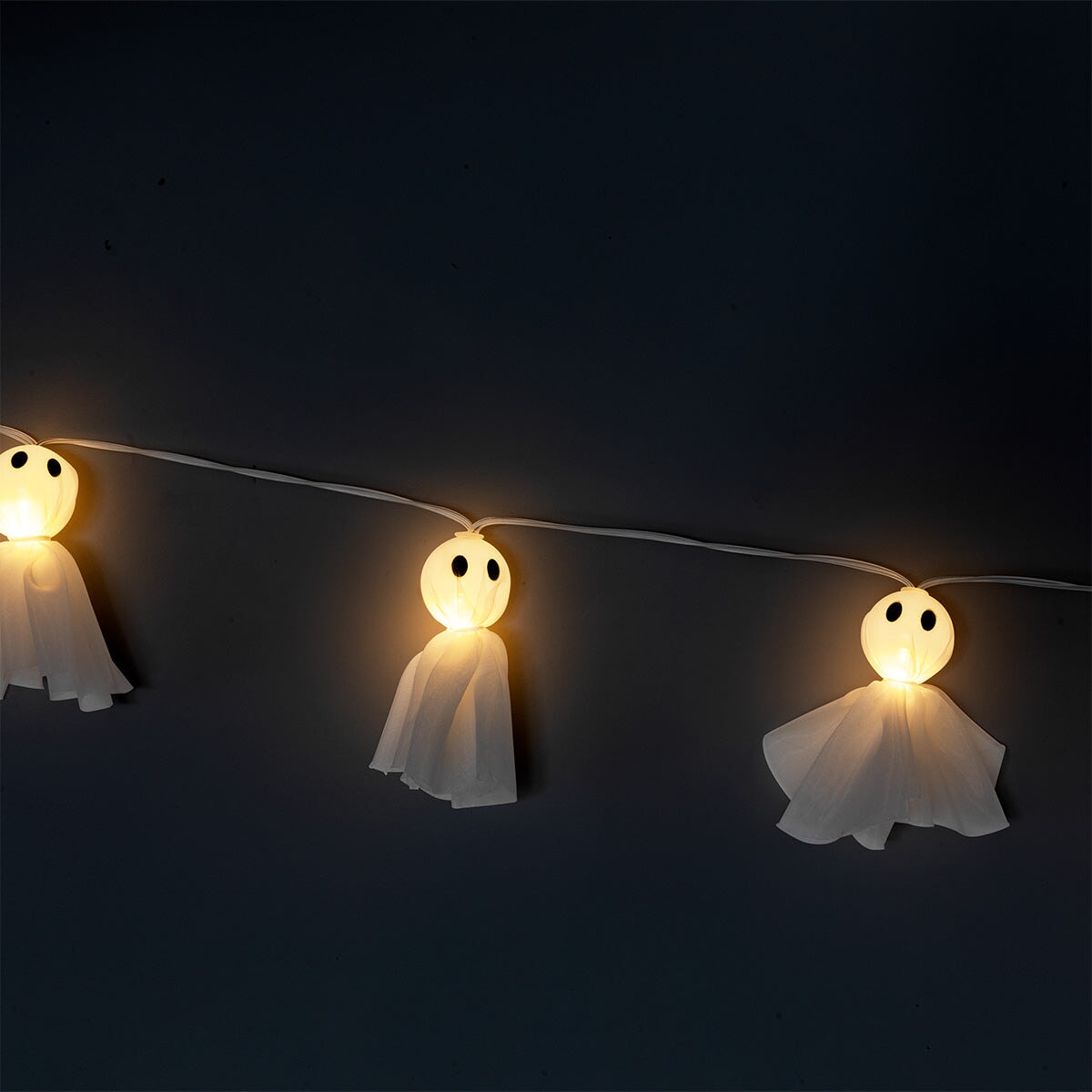 Set of 10 Flying Tiger Copenhagen string lights with tulle ghost decorations for home Halloween decor.