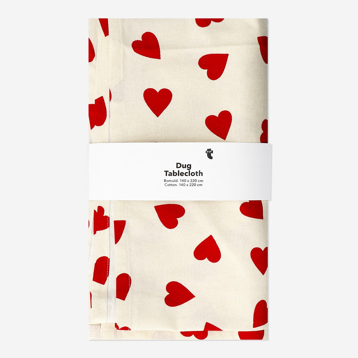 Red heart pattern tablecloth from Flying Tiger Copenhagen, 140x220 cm, perfect for home dining and festive occasions.