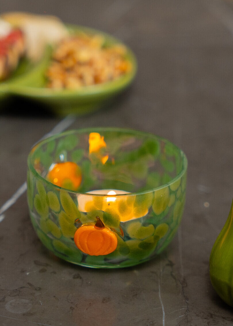 Tealightholder with green dots and pumpkins home Flying Tiger Copenhagen 