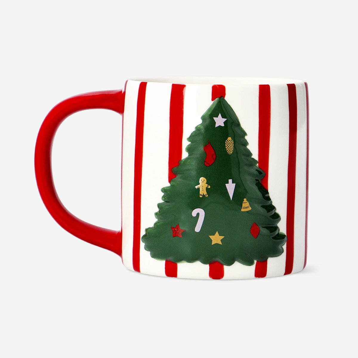 Flying Tiger Copenhagen Christmas tree mug, 400 ml, ceramic kitchen mug with festive holiday design on white background.