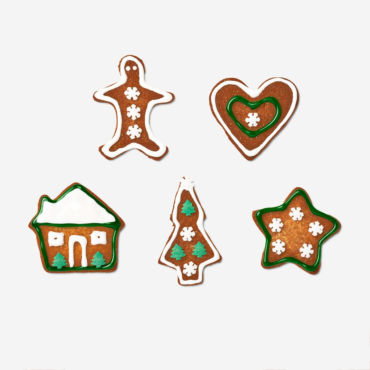 Set of five Flying Tiger Copenhagen kitchen cookie cutters in various shapes for baking and decorating treats.