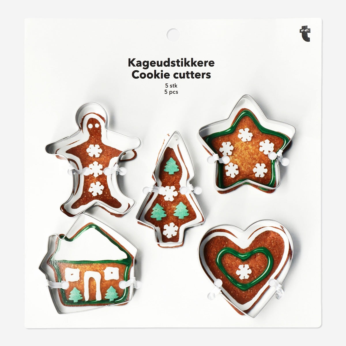 Set of five Flying Tiger Copenhagen kitchen cookie cutters in various shapes, made of metal for baking and decorating cookies.