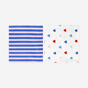 Set of two Flying Tiger Copenhagen fabric tea towels with colorful stripes and heart patterns, perfect for kitchen use.