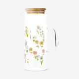 Blommig glaskanna med lock av bambu - 1 L