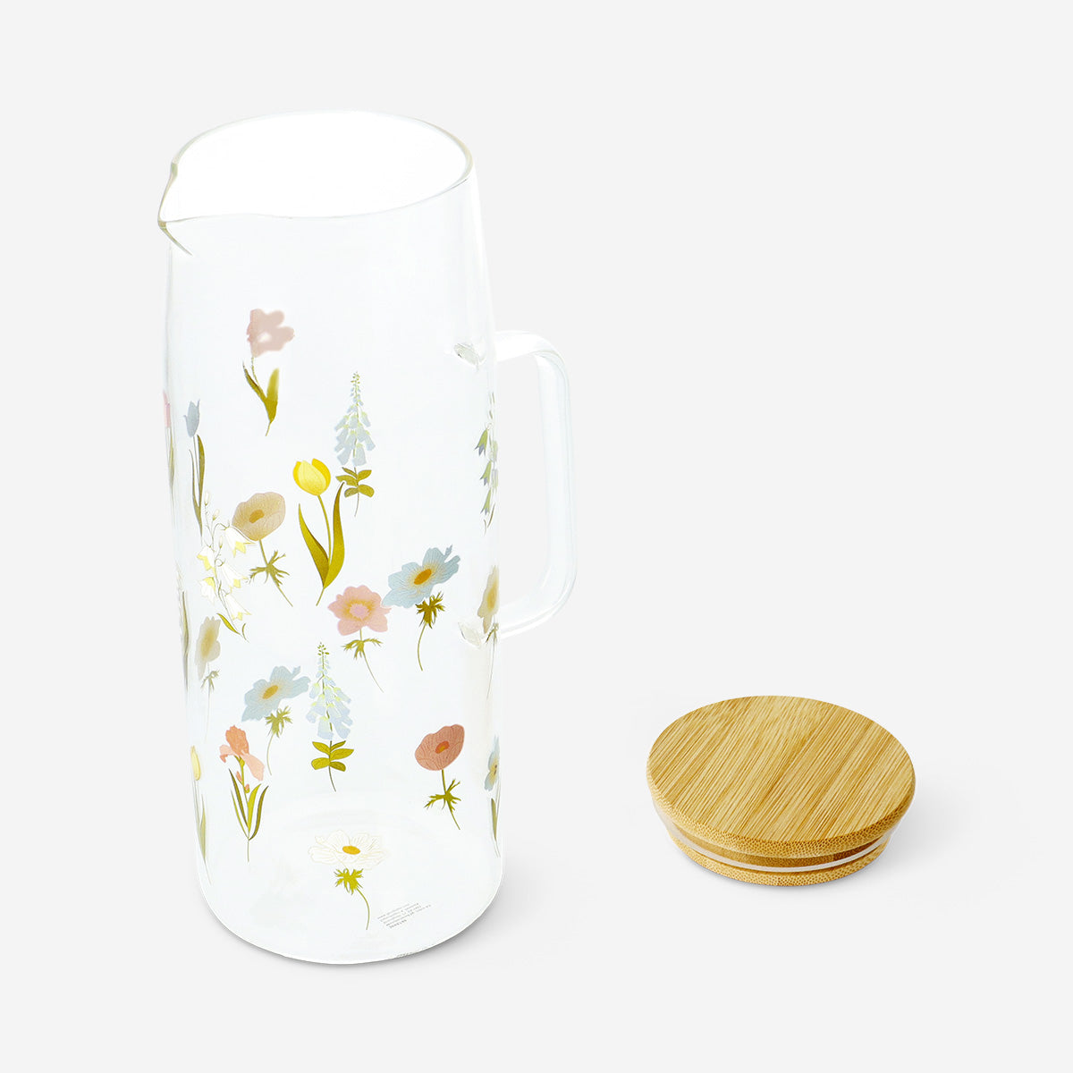 Blommig glaskanna med lock av bambu - 1 L