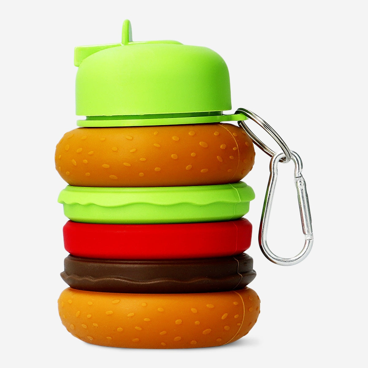 Foldable burger-shaped drinking bottle, 600 ml, by Flying Tiger Copenhagen, shown with flexible, foldable design and colorful burger motif.