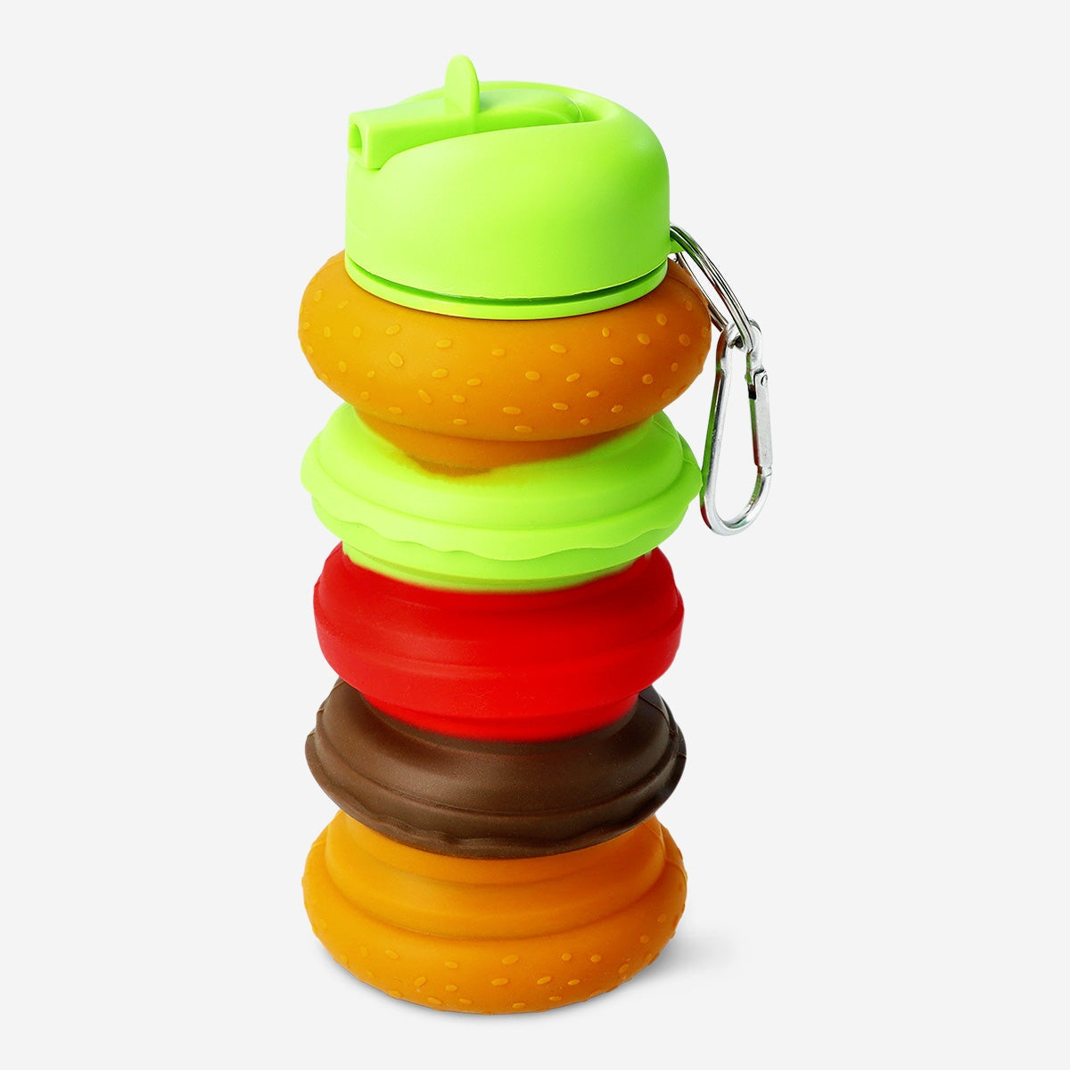 Foldable burger-shaped drinking bottle from Flying Tiger Copenhagen, 600 ml capacity, with a playful, collapsible design for easy storage.