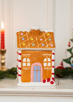 Flying Tiger Copenhagen gingerbread house storage jar, 15 cm, ceramic kitchen container with festive holiday design.