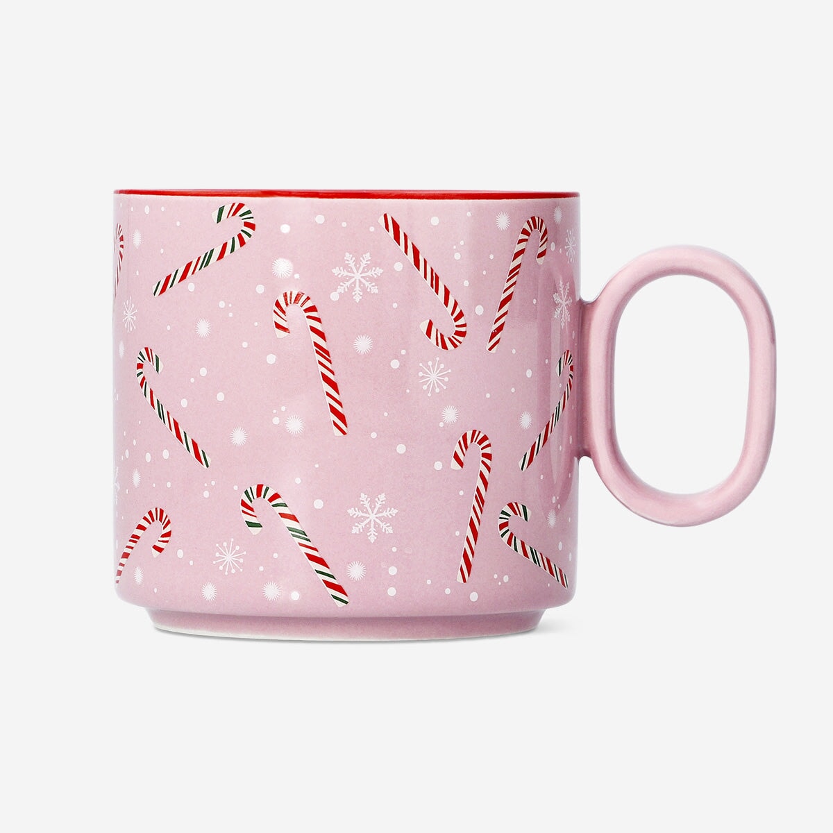 Pink ceramic mug with candy cane design, 300 ml, from Flying Tiger Copenhagen, perfect for festive beverages.