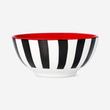 Stripy kitchen bowl with red interior from Flying Tiger Copenhagen, 14 cm diameter, designed for serving or decoration.