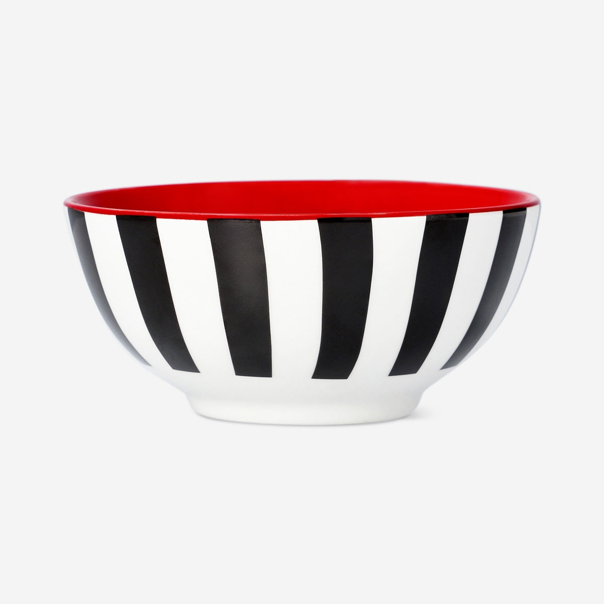 Stripy kitchen bowl with red interior from Flying Tiger Copenhagen, 14 cm diameter, designed for serving or decoration.