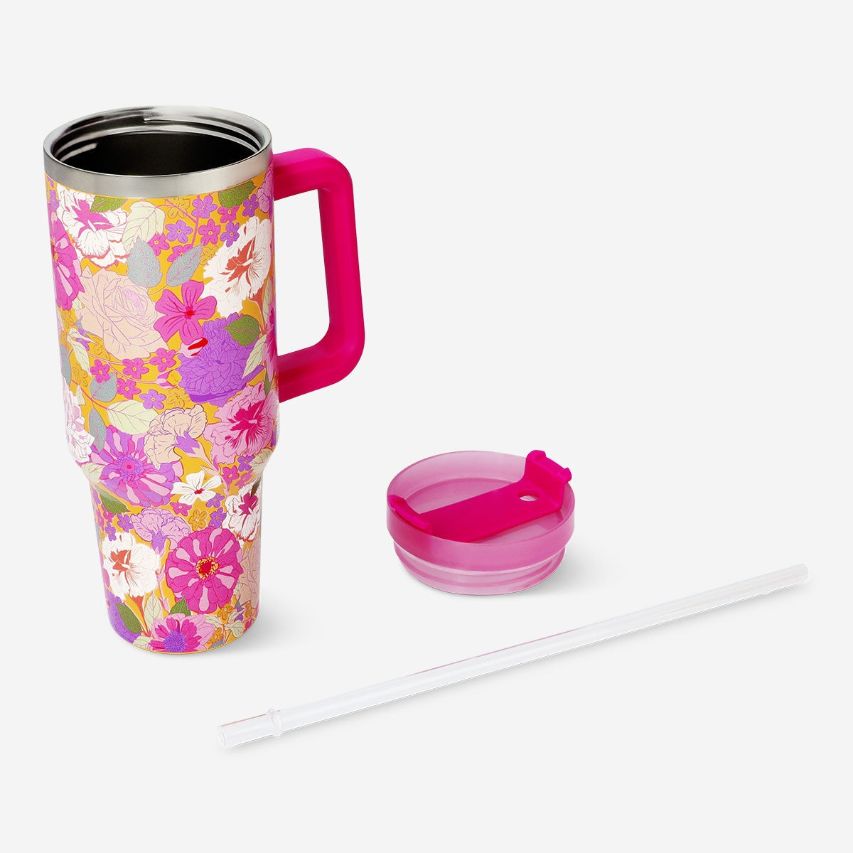 Flying Tiger Copenhagen 1.2L floral print kitchen tumbler with colorful flower design and durable plastic build.