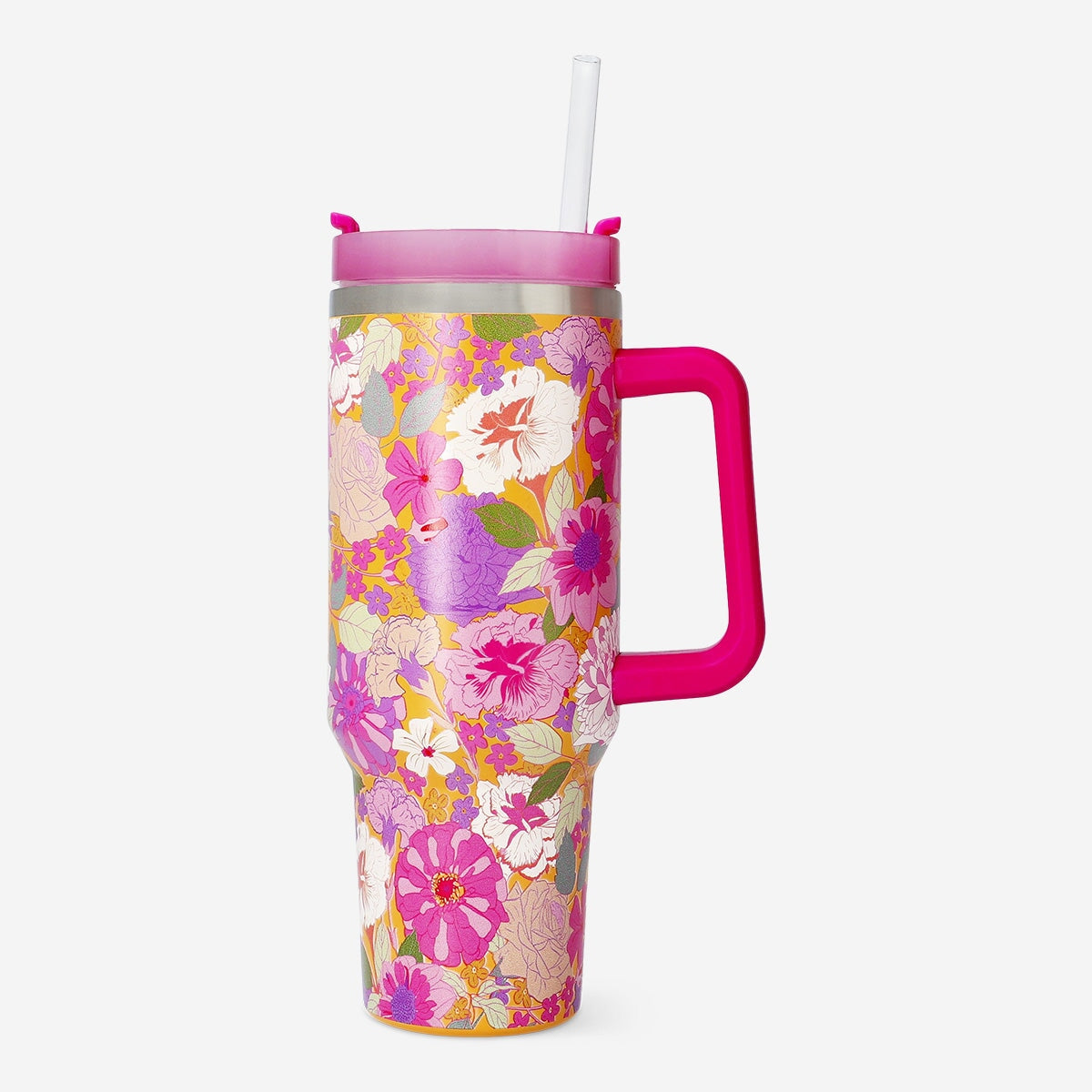 Flying Tiger Copenhagen 1.2L floral print tumbler, durable kitchen container with colorful floral design, ideal for beverages.