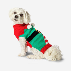 Dog wearing a cozy green elf jumper sweater from Flying Tiger Copenhagen, designed for leisure and comfort.