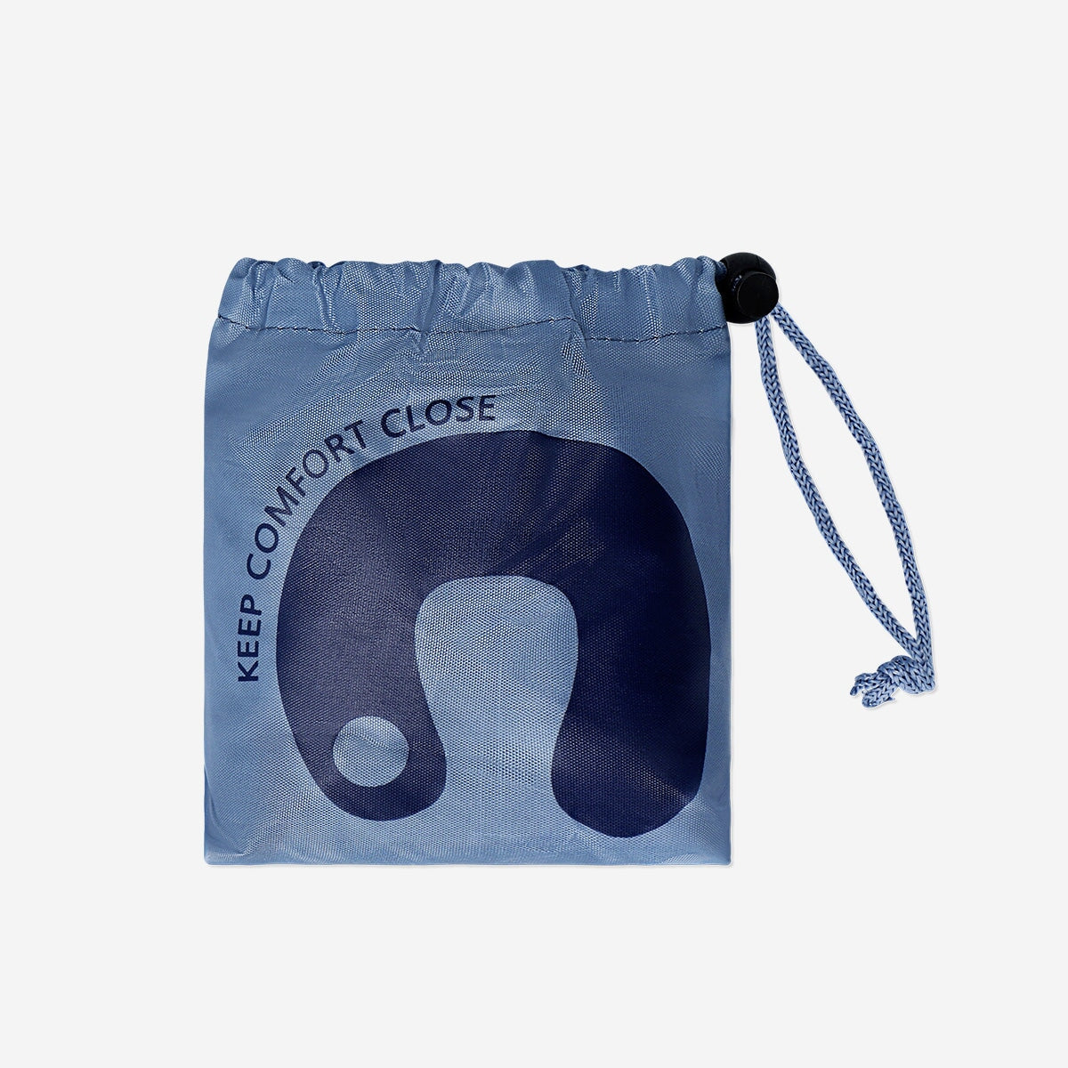 Inflatable travel pillow from Flying Tiger Copenhagen in a drawstring bag, designed for comfort during leisure travel.