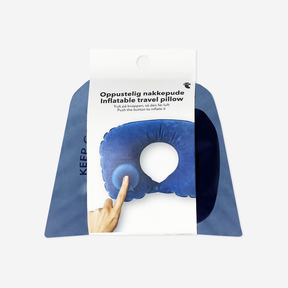 Inflatable travel pillow from Flying Tiger Copenhagen in a drawstring bag, designed for comfortable leisure travel.
