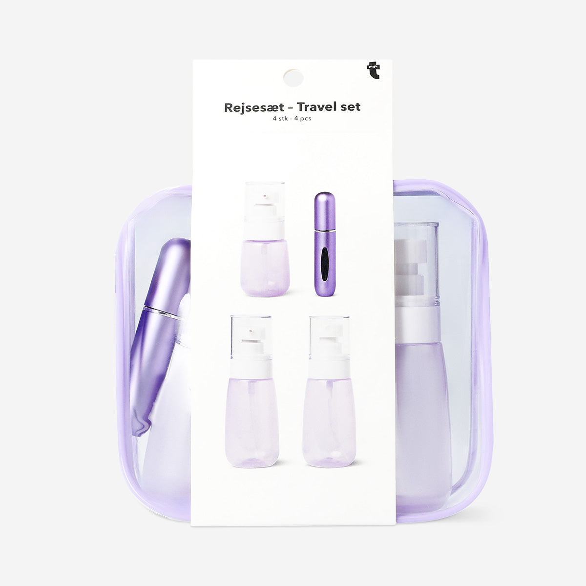 Purple travel set with perfume container - 4 pcs