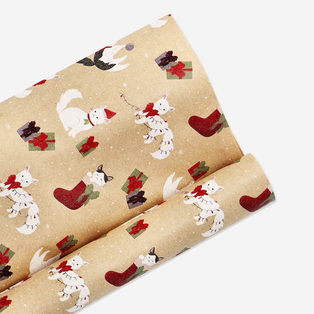 Office craft wrapping paper with Christmas cats design by Flying Tiger Copenhagen, 400 cm long, featuring festive feline illustrations.