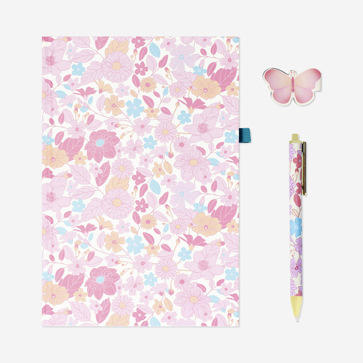 A5 floral notebook with pen and magnetic bookmark