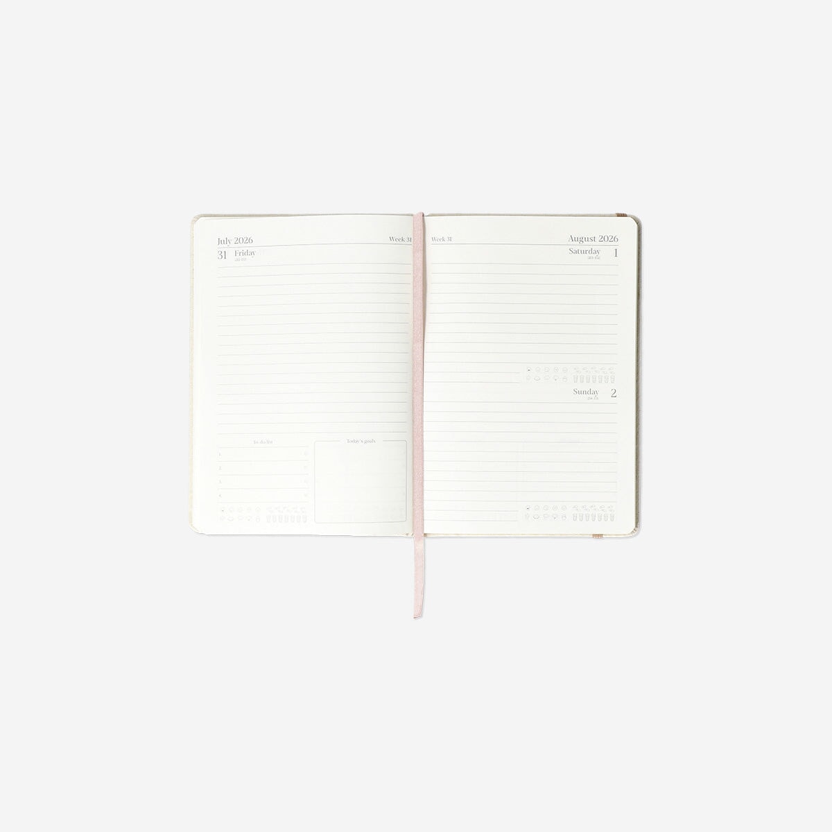 A5 Linen daily diary 2026 by Flying Tiger Copenhagen, open to show pages, with a soft linen cover in natural color.