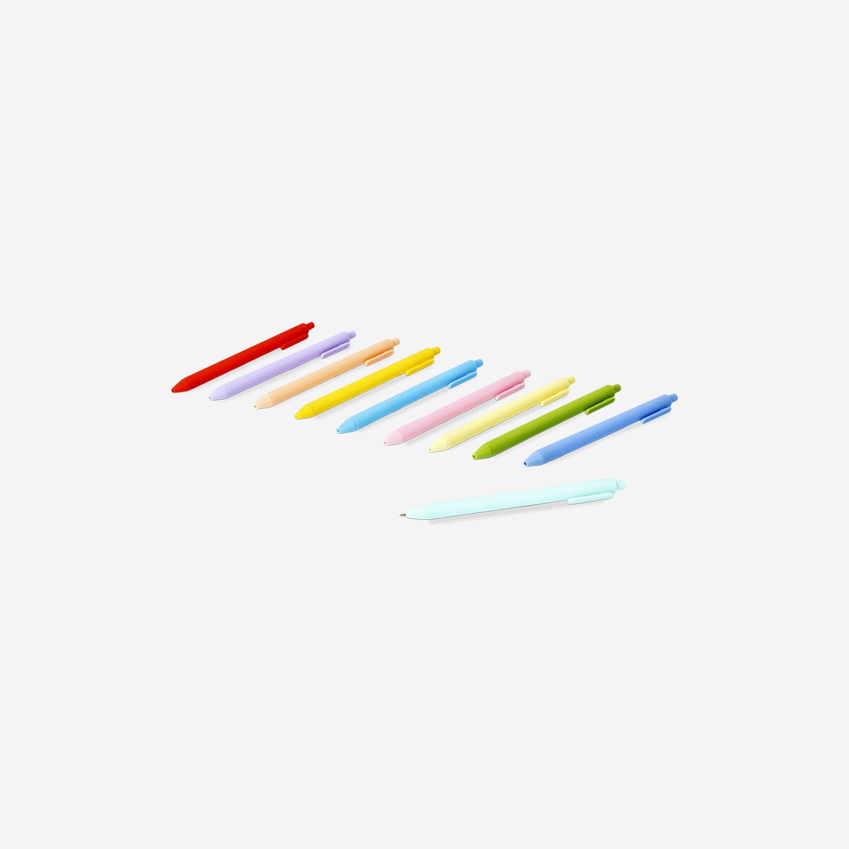 Set of 10 Flying Tiger Copenhagen office ballpoint pens arranged in a row with colorful ink caps.