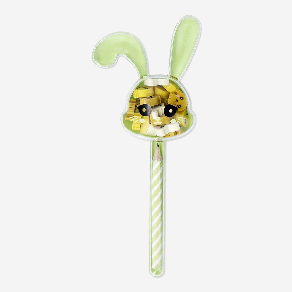 Bunny-shaped pencil with erasers from Flying Tiger Copenhagen, designed for office use, featuring a cute bunny design with colorful erasers.