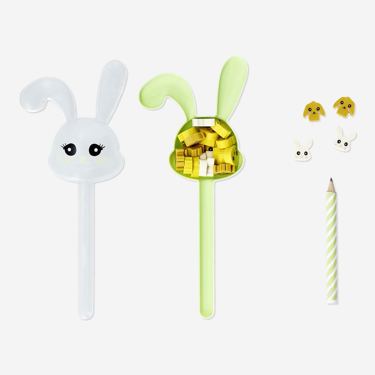 Bunny-shaped pencil with erasers from Flying Tiger Copenhagen, designed for office use, featuring a cute bunny figure and colorful erasers.