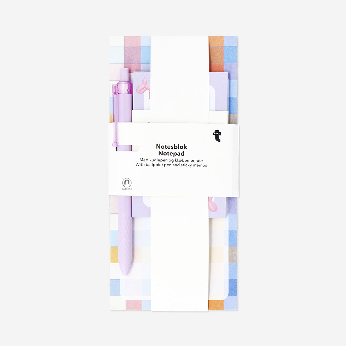 Checkered notepad with pen and memos