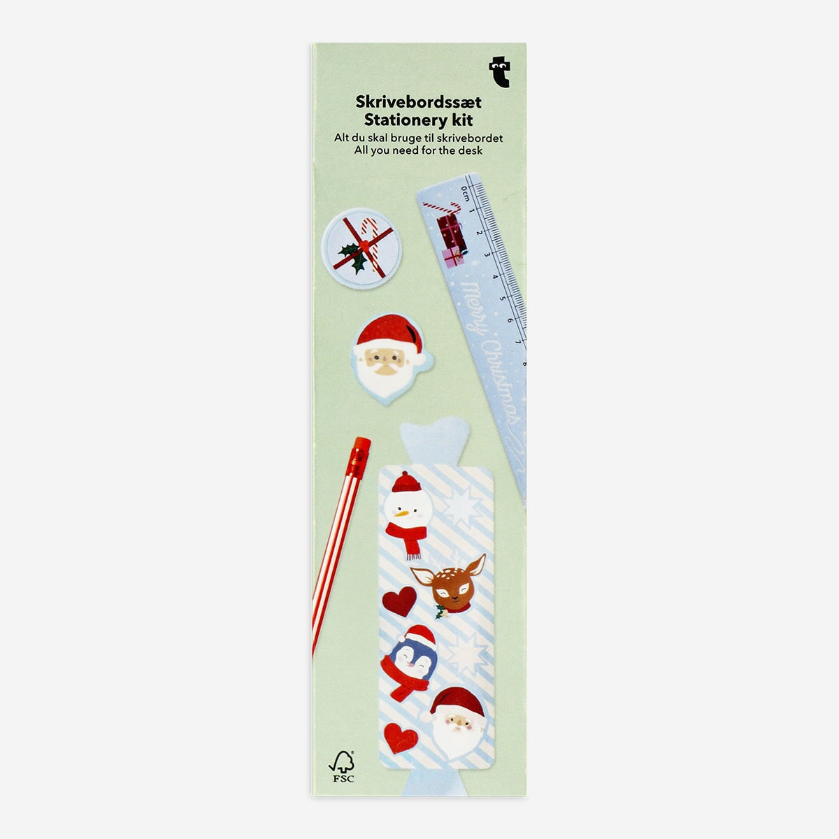 Christmas-themed stationery kit from Flying Tiger Copenhagen featuring festive pens, notepads, and decorative office supplies.