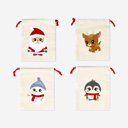 Sacchetti regalo in cotone con personaggi di Natale - 4 pz.