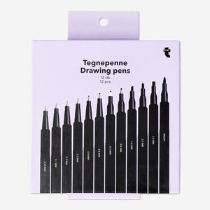 Set of 12 Flying Tiger Copenhagen drawing and calligraphy pens for office and artistic use, featuring various tip sizes and black ink.