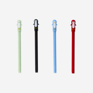 Set of 4 Flying Tiger Copenhagen gel ink pens with cute penguin toppers, ideal for office use and writing.