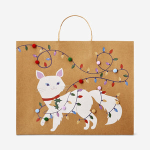 Office gift bag with pom-pom cat design from Flying Tiger Copenhagen, 34 cm tall, featuring playful cat and pom-pom decorations.
