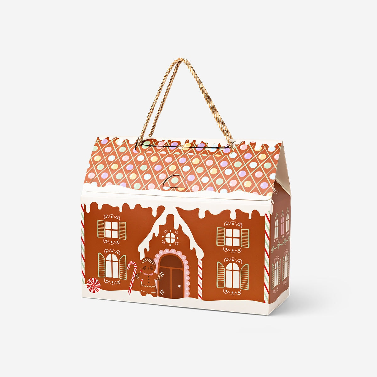 Flying Tiger Copenhagen gingerbread house gift box, 30 cm office decor with festive holiday design and colorful details.