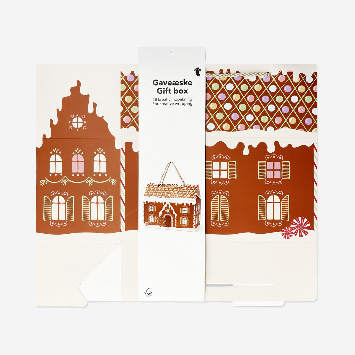 Flying Tiger Copenhagen gingerbread house gift box, 30 cm, featuring festive office-themed holiday packaging and decorative details.