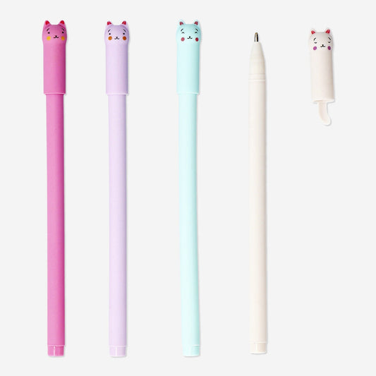 Bolígrafos de gel con purpurina y caras de gato - 4 unidades