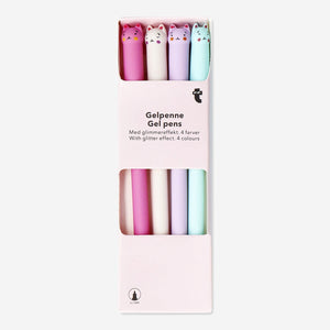 Set of four Flying Tiger Copenhagen glitter gel pens featuring cute cat face designs for office use.