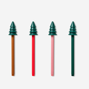 Set of four Flying Tiger Copenhagen glitter gel pens with Christmas tree toppers, perfect for festive office or craft use.
