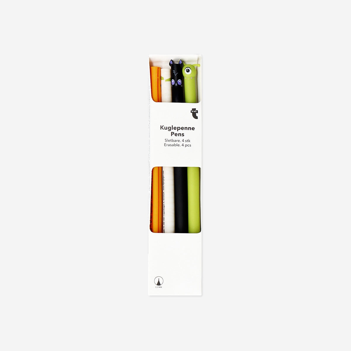 Set of four glow-in-the-dark erasable office pens with little monster designs by Flying Tiger Copenhagen, perfect for creative writing.