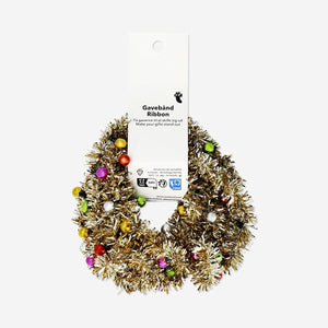 Gold tinsel ribbon with colorful baubles, 2 meters, ideal for office holiday decorations, by Flying Tiger Copenhagen.