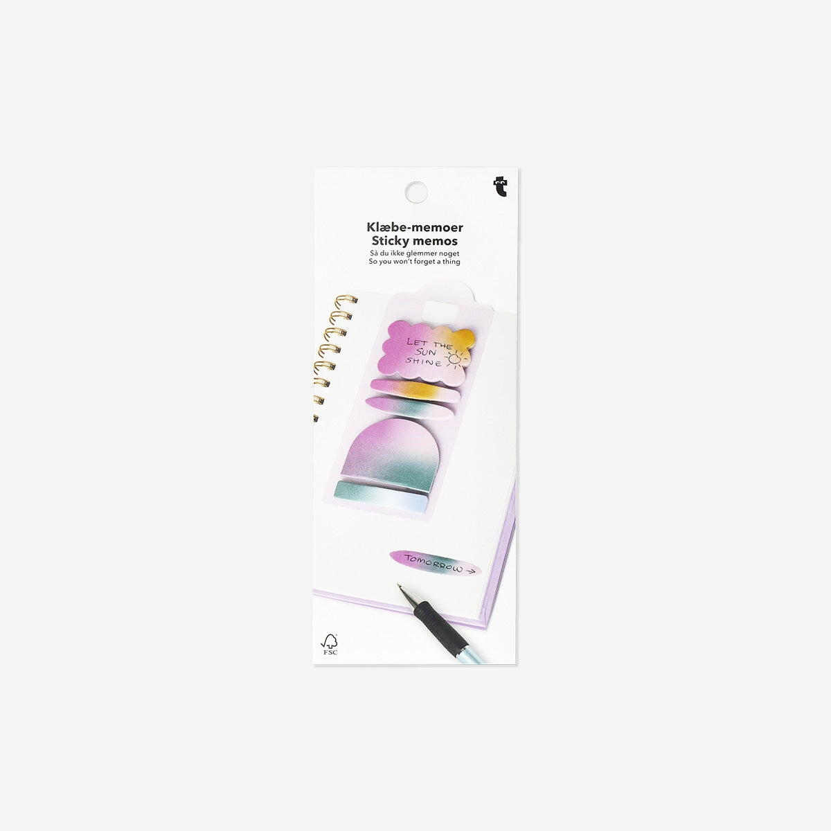 Colorful gradient sticky memos for office use, branded Flying Tiger Copenhagen, arranged on a desk for note-taking and organization.