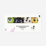 Set of four Flying Tiger Copenhagen highlighters with colorful little monster designs for office use.