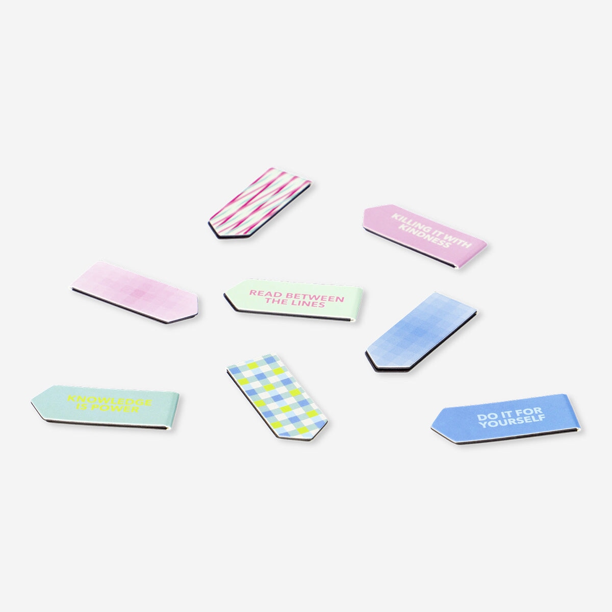 Set of 8 Flying Tiger Copenhagen magnetic bookmarks for office use, featuring colorful and functional paperclip-style designs.