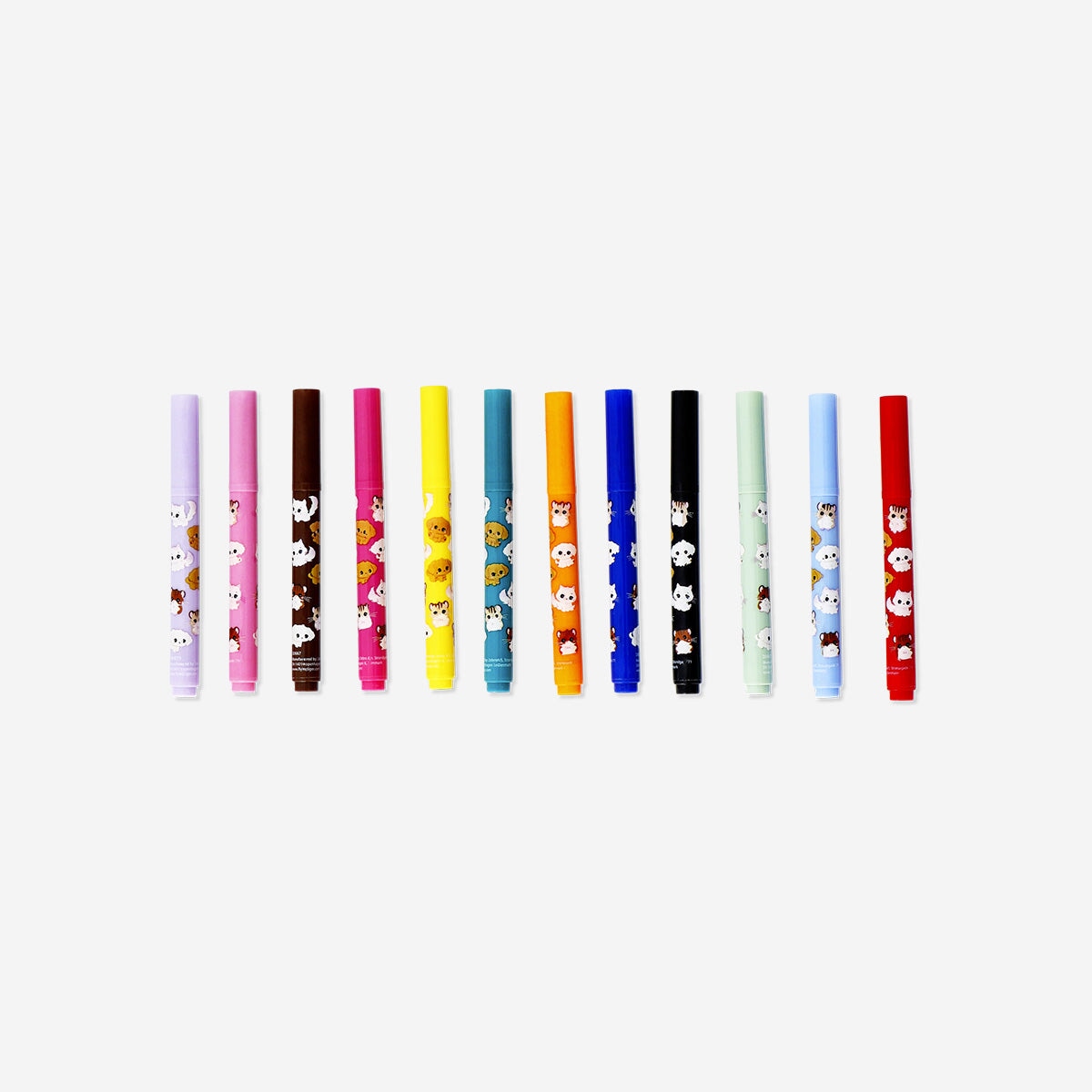 Set of 12 Flying Tiger Copenhagen office markers with colorful animal icon designs for creative note-taking and organization.